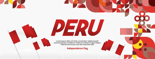 Peru Independence Day banner in modern geometric style. Wide banner with typography and also country flag. Background for National holiday celebration party. Happy Independence Day of Peru