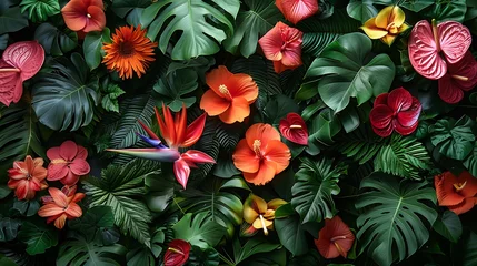 Fotobehang A tropical paradise wall background featuring a mix of lush foliage, including bird of paradise, palms, and anthurium flowers, bright and vivid colors, capturing the essence of a tropical escape © LuvTK
