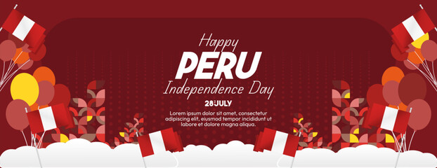 Peru Independence Day banner in modern geometric style. Wide banner with typography and also country flag. Background for National holiday celebration party. Happy Independence Day of Peru