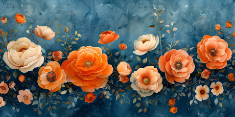 Fototapeta premium A blue background with a row of orange flowers