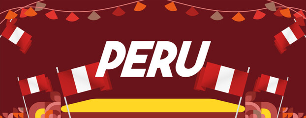 Peru Independence Day banner in modern geometric style. Wide banner with typography and also country flag. Background for National holiday celebration party. Happy Independence Day of Peru