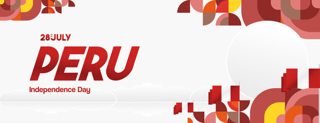 Peru Independence Day banner in modern geometric style. Wide banner with typography and also country flag. Background for National holiday celebration party. Happy Independence Day of Peru