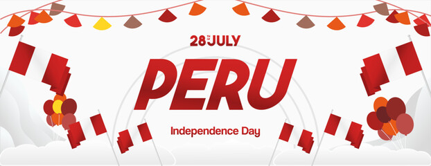 Peru Independence Day banner in modern geometric style. Wide banner with typography and also country flag. Background for National holiday celebration party. Happy Independence Day of Peru