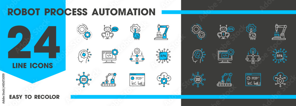 Poster Rpa line icon, Robot Process Automation vector linear signs. Robotics, artificial intelligence and modern innovative technology, machine learning and chatbots. Outline symbols in blue and black color