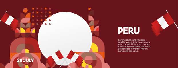 Peru Independence Day banner in modern geometric style. Wide banner with typography and also country flag. Background for National holiday celebration party. Happy Independence Day of Peru
