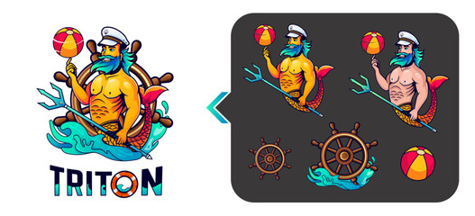 Triton Greek God of mythology spinning a volleyball on finger wearing a Ship captain hat. Muscular merman with a fish tail. Pirate ship steering wheel with water splash. Logo for beach related sport