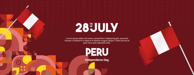 Peru Independence Day banner in modern geometric style. Wide banner with typography and also country flag. Background for National holiday celebration party. Happy Independence Day of Peru