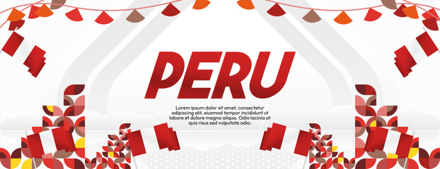 Peru Independence Day banner in modern geometric style. Wide banner with typography and also country flag. Background for National holiday celebration party. Happy Independence Day of Peru