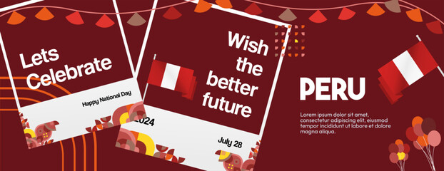 Peru Independence Day banner in modern geometric style. Wide banner with typography and also country flag. Background for National holiday celebration party. Happy Independence Day of Peru