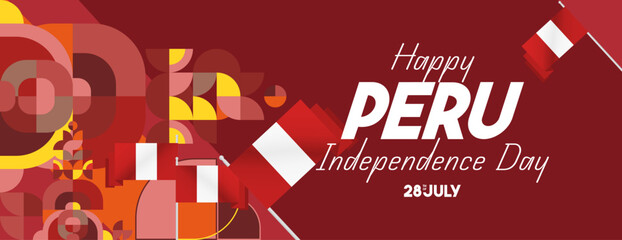 Peru Independence Day banner in modern geometric style. Wide banner with typography and also country flag. Background for National holiday celebration party. Happy Independence Day of Peru