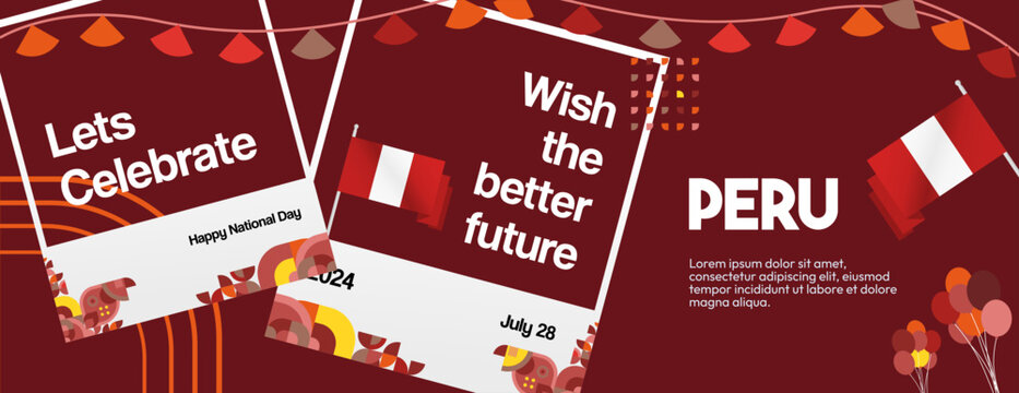 Peru Independence Day banner in modern geometric style. Wide banner with typography and also country flag. Background for National holiday celebration party. Happy Independence Day of Peru