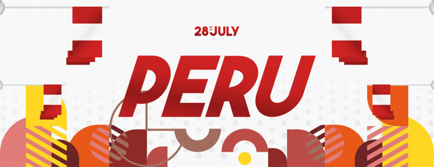 Peru Independence Day banner in modern geometric style. Wide banner with typography and also country flag. Background for National holiday celebration party. Happy Independence Day of Peru