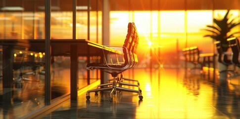 Empty chairs in the departure hall at airport with golden sunset rays. Travel, transportation concept. Generative AI