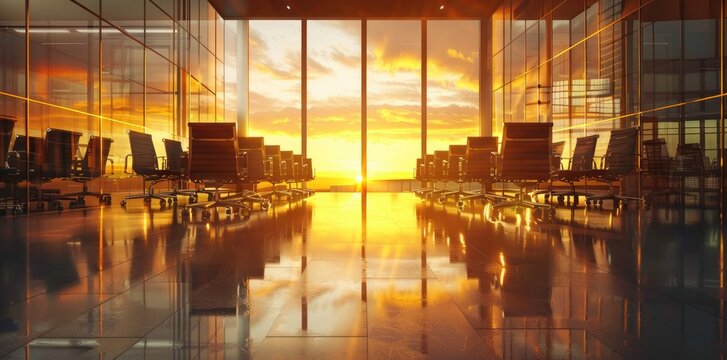 Empty chairs in the departure hall at airport with golden sunset rays. Travel, transportation concept. Generative AI