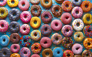 A vibrant top view background wallpaper featuring colourful donuts, perfect for bakery ads, dessert promotions, or party invitations.