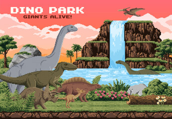 8 bit pixel art dinosaurs, arcade game landscape. Vector dino park with brachiosaurus, stegosaurus, triceratops and flying pterosaur dino spices, prehistoric waterfalls, cliffs, flora under sunset sky © Vector Tradition
