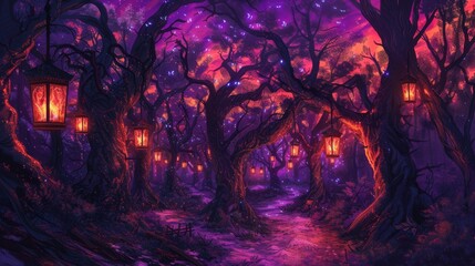 Fototapeta premium Enchanted Forest Path with Glowing Lanterns