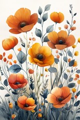 Watercolor Illustration of Orange and Yellow Flowers With Blue Foliage