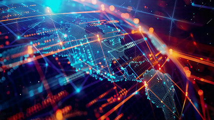 Fototapeta premium Blockchain technology on a futuristic HUD interface world globe and polygon peer-to-peer network global cryptocurrency fintech business conceptluminous digital elements 