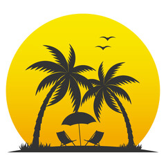 Illustration of a beach with palm trees and sun on a white background