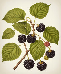Obraz premium Black mulberry in the style of old botanical illustrations, light background.