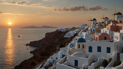 Obraz premium The sheer tranquility of Santorini, Greece, as the sun sinks into the Aegean Sea, turning the sky into a canvas of pastel shades ai-generated