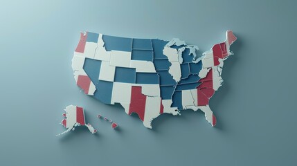 A 3D map of the United States, with states colored in red, white, and blue, representing the American flag.