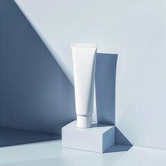 Minimalist photo of a white cosmetic tube on a geometric pedestal with a blue background.