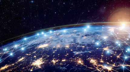 Conceptual image of communication network technology for internet business depicting the world of global network and telecommunication on Earth incorporating cryptocurrency IoT