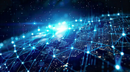 Conceptual image of communication network technology for internet business. Global network and telecommunication on Earth with cryptocurrency IoT and blockchain. 