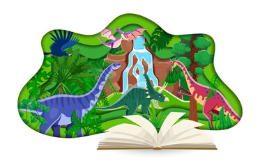 Opened book with paper cut prehistoric landscape and dinosaurs. Hypselosaurus, anchisaurus, chasmosaurus, argentavis and pteranodon in jungle with waterfall. Ancient world of dino reptiles storybook © Vector Tradition