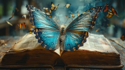 A Blue Morpho Butterfly Resting on an Open Book