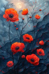 Abstract Red Poppies Blooming Under a Full Moon in a Blue Landscape
