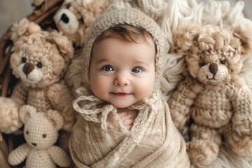 Adorable Baby Wrapped in Blanket Surrounded by Cute Teddy Bears