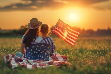 Patriotic holiday. Happy family, mother and daughter with American flag outdoors on sunset. USA celebrate independence day 4th of July