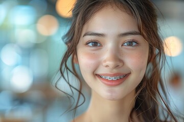 Naklejka premium Portrait of a smiling Asian teen child girl with braces in a close up. She is a dental clinic receiving orthodontic treatment, showing white teeth and a healthy mouth.