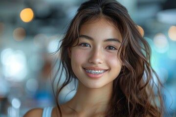 Obraz premium Portrait of a smiling Asian teen child girl with braces in a close up. She is a dental clinic receiving orthodontic treatment, showing white teeth and a healthy mouth.