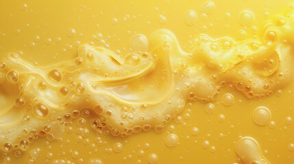 A yellow liquid with bubbles in it. The bubbles are small and scattered throughout the liquid. The liquid appears to be a mixture of water and some other substance