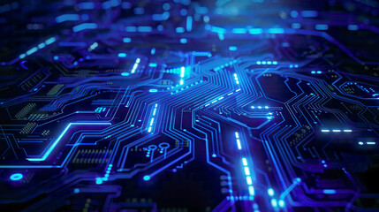 Obraz premium Futuristic blue glowing circuit board background with central copy space for text logo or products ideal for AI Technology and Crypto Currency concepts