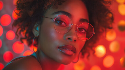 Fototapeta premium A woman with curly hair and glasses is standing in front of a red background. She has a serious expression on her face