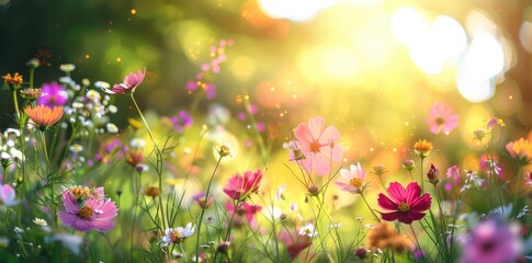 Bright and colorful wildflowers in full bloom with sunlight flares in a serene field, depicting freshness and nature's beauty