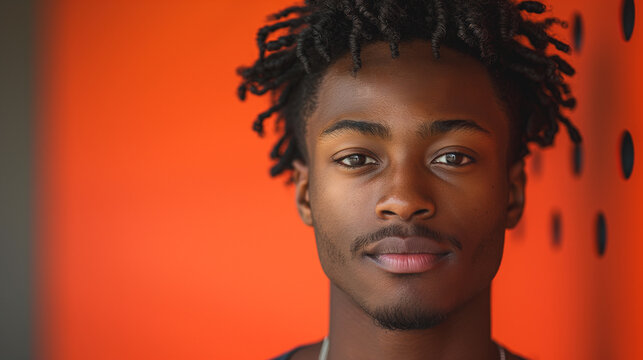 A man with a beard and dreadlocks is standing in front of a red wall