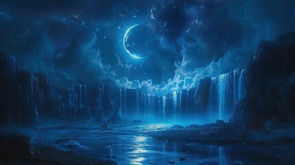 Mystical Waterfall Under a Crescent Moon