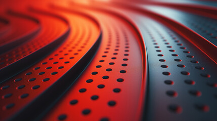 A close up of a red and black surface with many small dots. The surface is made of metal and has a shiny, reflective quality. The dots are arranged in a way that creates a sense of movement and energy