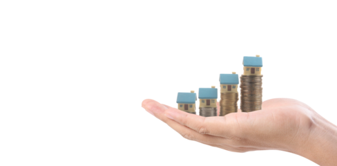 Hands and stock coins and model house ,money saving