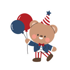 Independence Day, teddy bear holding balloon, celebration 4th July. Flat cartoon style vector illustration isolated on white background