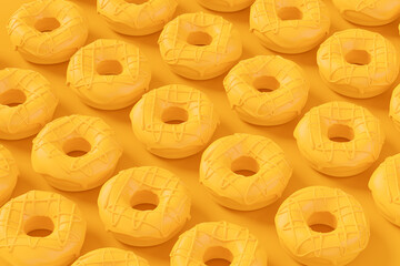 Isometric view of glazed donut with sprinkles on plain monochrome yellow color
