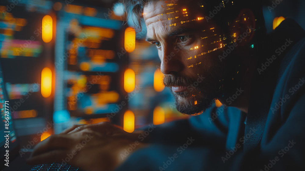 Poster a man typing on a laptop with coding libraries on the screen.