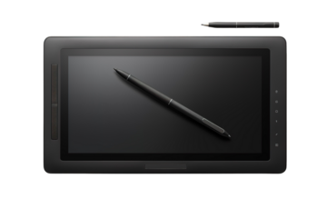 A Black Stylus Rests Atop a Sleek, Modern Graphics Tablet on a Clear PNG or White Background.