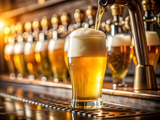 Close-up of the filling a mug of light beer. The bar counter in the pub.